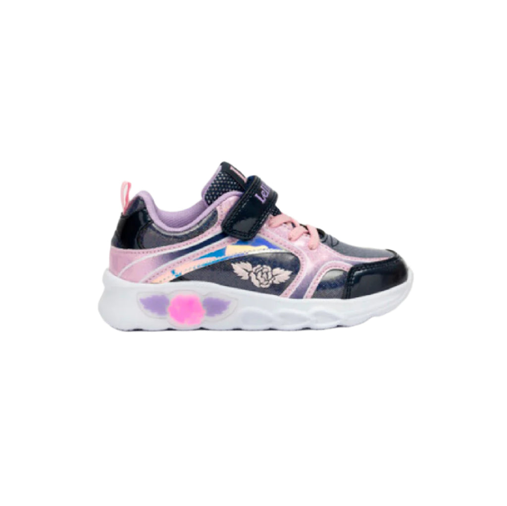 Children's sneaker with pink and black design on a white background