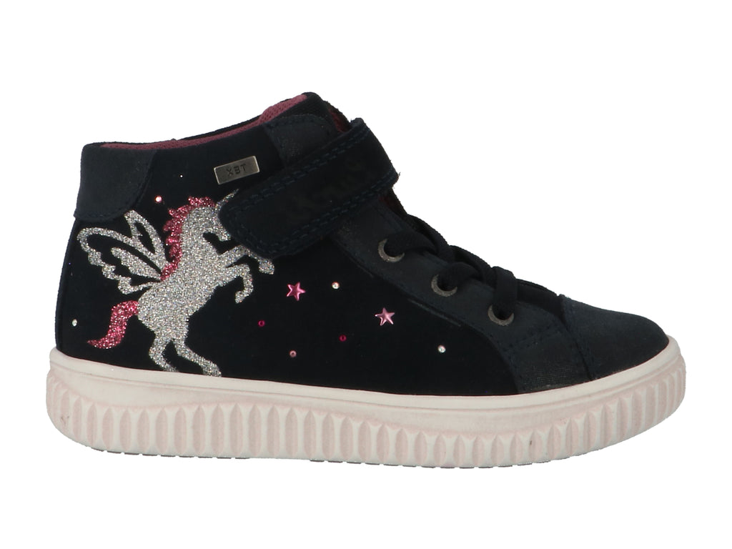 Navy high-top sneaker with a unicorn design on a white background